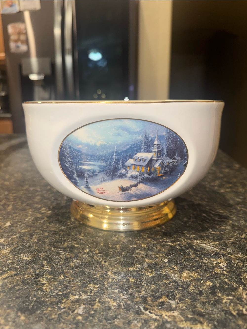 Thomas Kinkade White Ceramic Holiday Bowl with Gold Trim